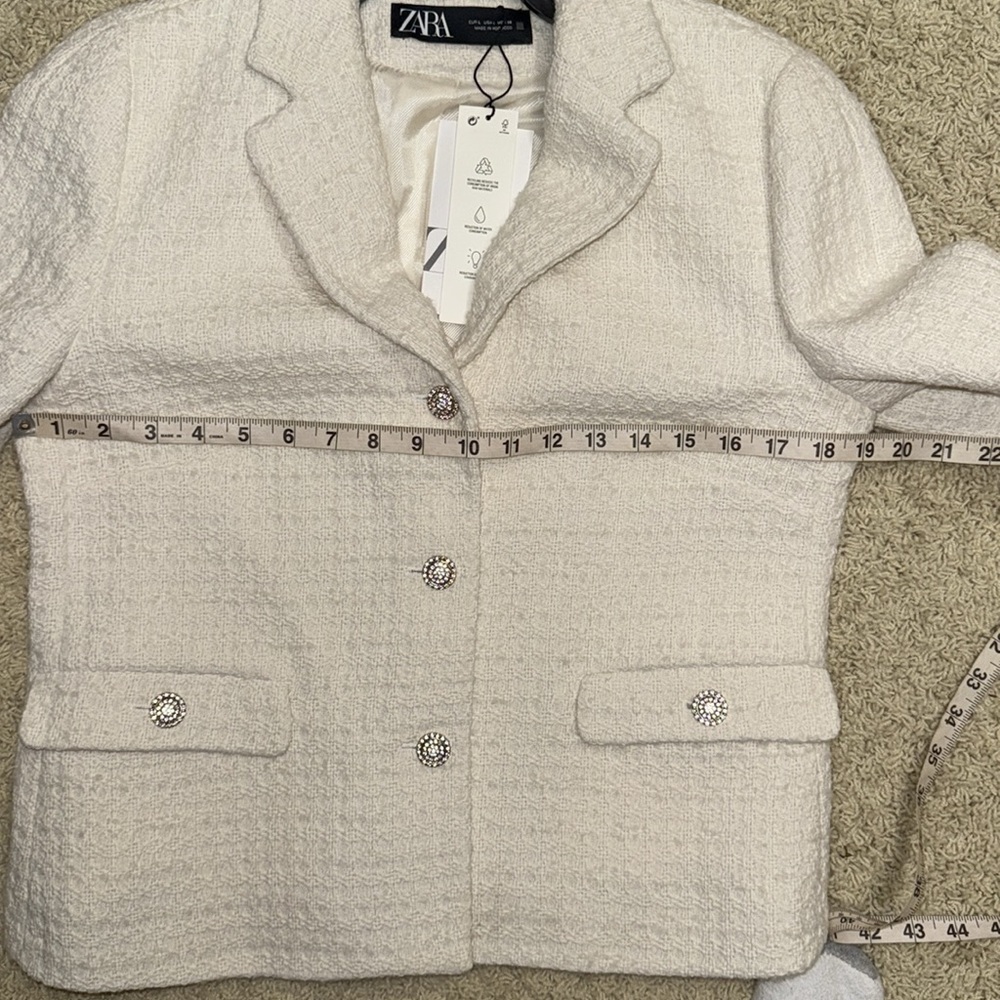 NWT Zara Cream Wool Blend Tweed Texture Blazer Boucle Rhinestone Buttons Sz L - Picture 9 of 15